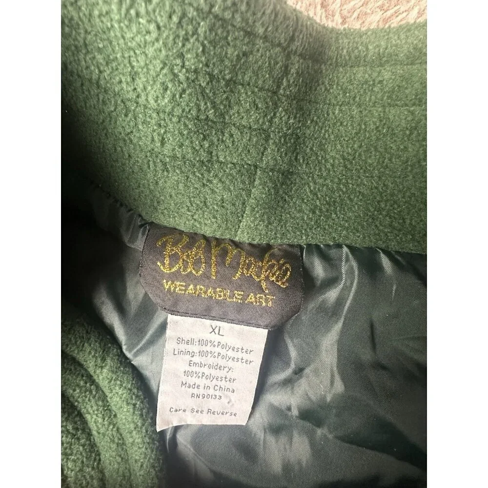 Bob Mackie Embroidered Fleece Jacket Green Button Front Fall Leaves Women’s XL